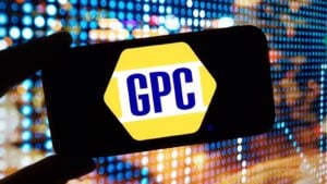 Hands holding a smartphone with the Genuine Parts (GPC) logo displayed. 