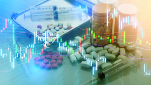 drugs pill and stock chart growing up with money, business and economic news background. business profit analysis trend and future. hospital and healthcare segment. Healthcare stocks