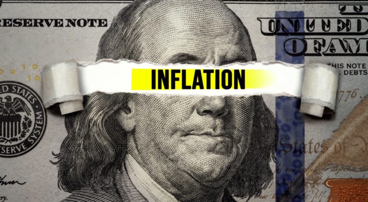 The word "Inflation" highlighted in yellow on a dollar where the eyes of Ben Franklin should be