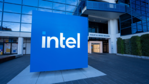 Intel (INTC) logo is seen outside of the Robert Noyce Building at Intel Corporation's headquarters in Santa Clara, California.