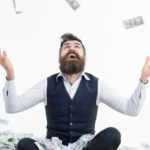 Shopping lottery. Income. Benefit. Earnings. People concept. Portrait of satisfied bearded millionaire. Easy-money. Bearded man excited with money. Bearded man with money. Isolated. Stocks to transform your portfolio