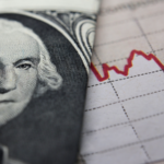 Stock Market Graph next to a 1 dollar bill (showing former president Washington). Red trend line indicates the stock market recession period. Stock market crash