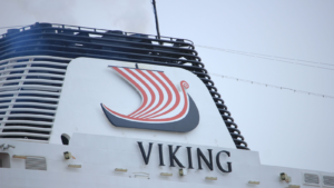 MV Viking Star on the North Sea Canal. Detail of the chimney. VIK shares and the VIK IPO