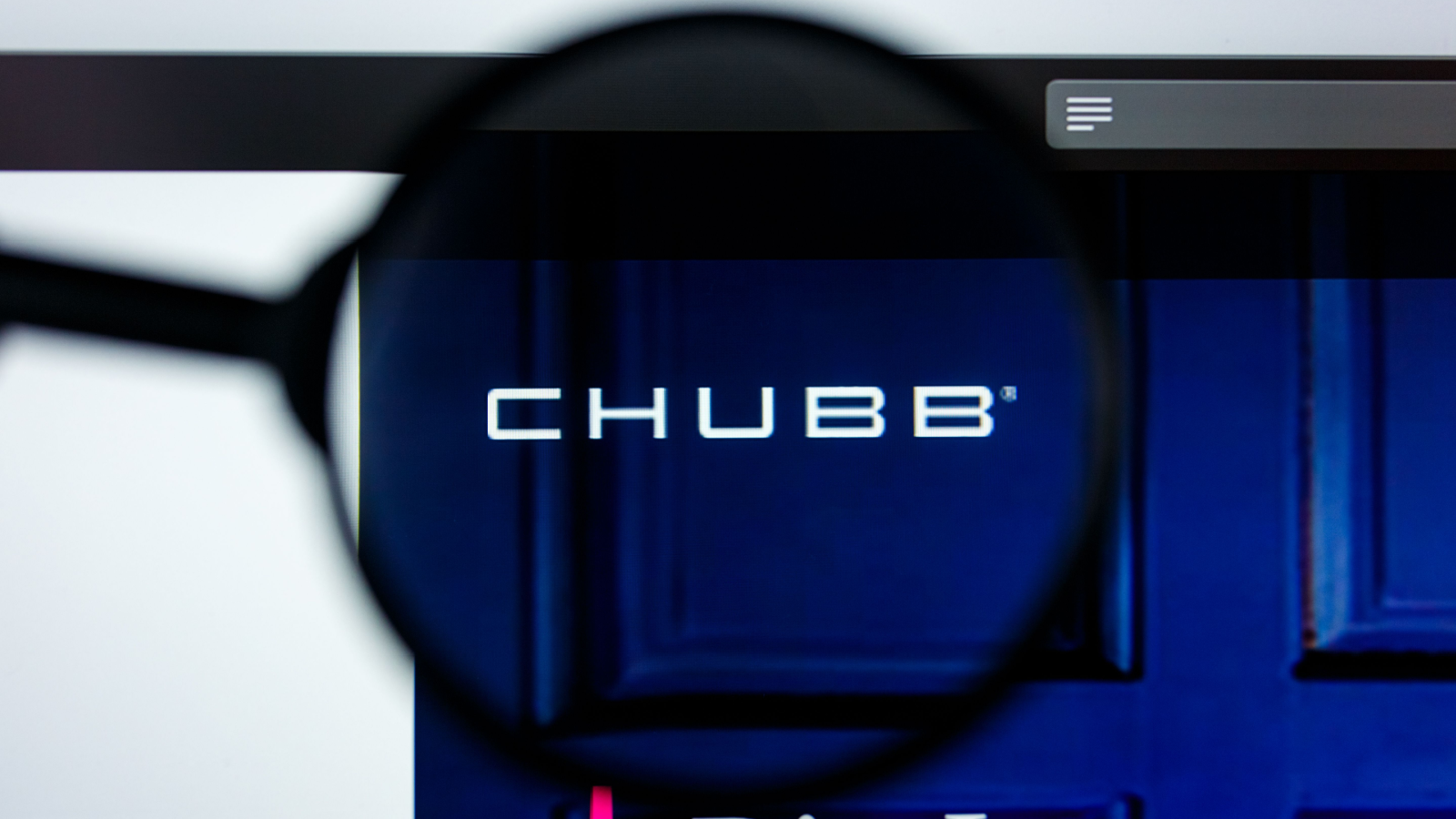 Illustrative Editorial of Chubb website homepage. Chubb logo visible on display screen. CB stock
