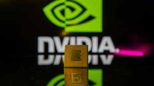 Microchip GPU with Nvidia logo in the background. High quality photo. NVDA stock