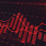 Stock market trading graph in red color as economy 3D illustration background. Trading trends and economic development. Stocks to sell
