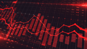 Stock market trading graph in red color as economy 3D illustration background. Trading trends and economic development. Stocks to sell