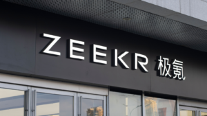 ZEEKR logo is seen at one of its stores in Ningbo, China. Zeekr is a premium electric automobile brand owned by the Chinese automaker, Geely Automobile Holdings. ZK stock