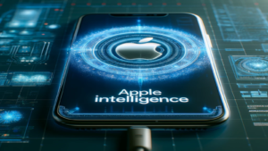 An image showcasing 'Apple Intelligence' with the Apple Inc. logo and an iPhone supercharged by AI.