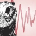 Graphic of roaring black and white bear in front of red downward chart