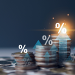 Interest rate and dividend concept. Businessman with percentage symbol and up arrow, Interest rates continue to increase, return on stocks and mutual funds, long term investment for retirement. Dividend stocks