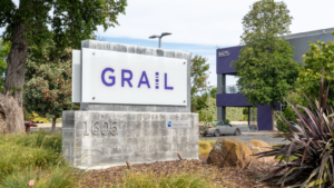 Grail sign at its headquarters in Menlo Park, California, USA, June 11, 2023. Grail is an American biotechnology company. GRAL stock