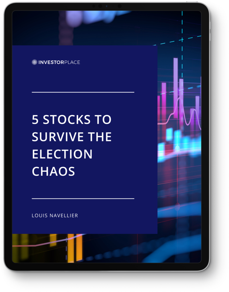An advertisement image with the title "5 Stocks to Survive the Election Chaos".