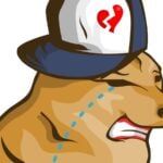 Graphic of crying doge character in backwards hat with broken heart on it, symbolizing meme stocks to sell