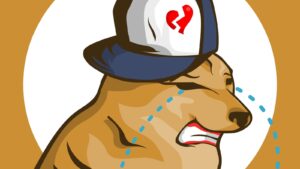 Graphic of crying doge character in backwards hat with broken heart on it, symbolizing meme stocks to sell