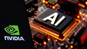 NVIDIA logo on phone and blurred AI chip on the background. NVDA stock