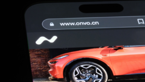 ONVO brand logo on website. Chinese EV brand owned by Nio. NIO stock