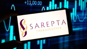 Sarepta Therapeutics company logo displayed on mobile phone. SRPT stock