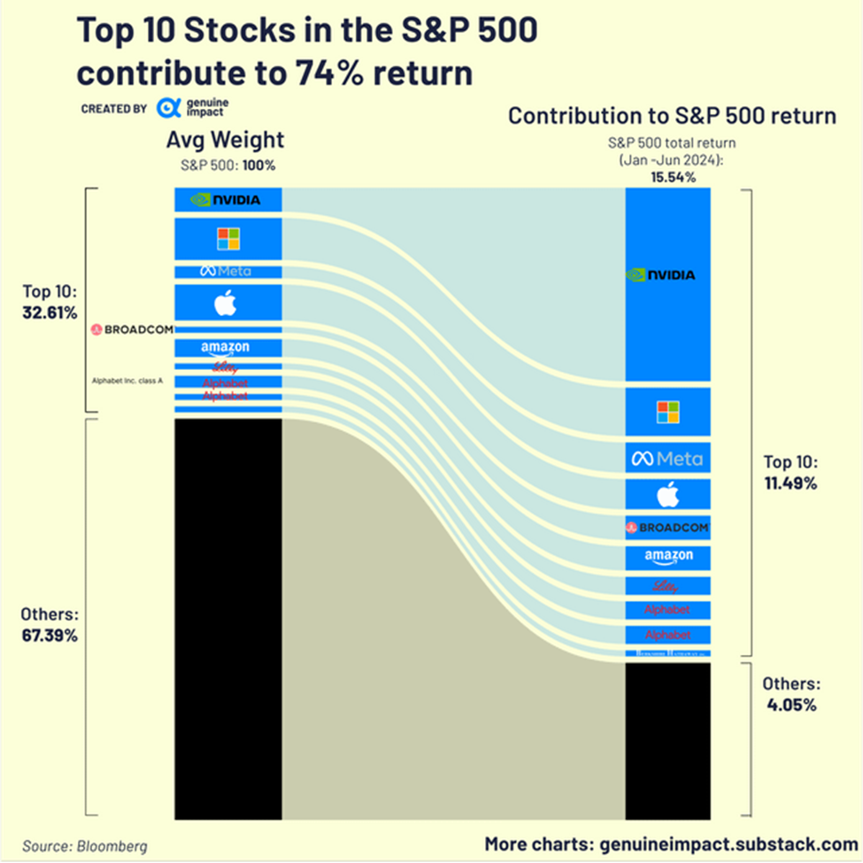 Chart showing how much of the S&P's return to date comes from the Top 10 stocks in the S&P - it's 74%