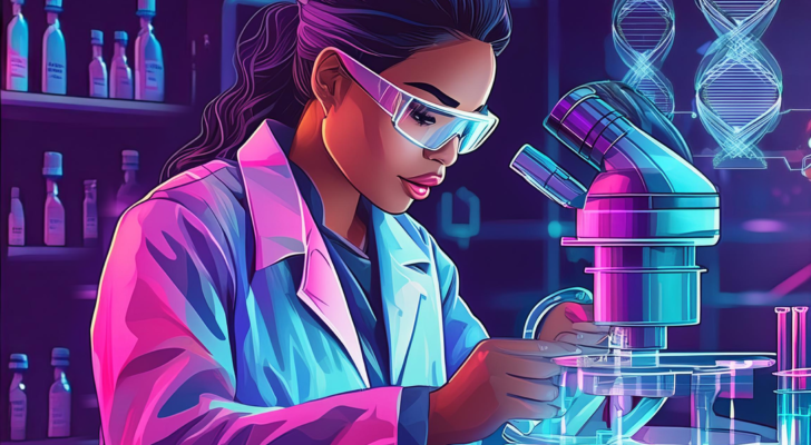 An image of a holographic doctor in a high-tech clinical lab, looking at a sample through a microscope to represent the emergence of AI in the biotech industry