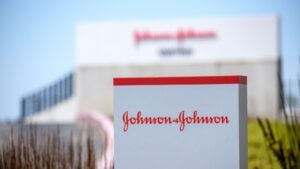 Johnson and Johnson sign, logo at an American multinational corporation office. The company develops medical devices, pharmaceuticals, and consumer packaged goods