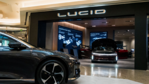 A Lucid Motors retail dealership storefront is seen with demo electric cars available for viewing at a local mall. LCID stock