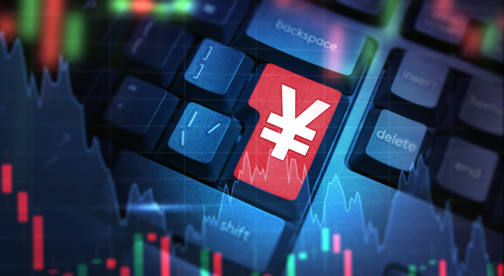 Graph of fall Japanese yen. Yen symbol on keyboard. Decline in Japanese national currency. Buying yen on electronic stock exchange. Japanese government bonds concept. Trading on Japan stock exchange. Japanese Yen Carry Trade Unwind