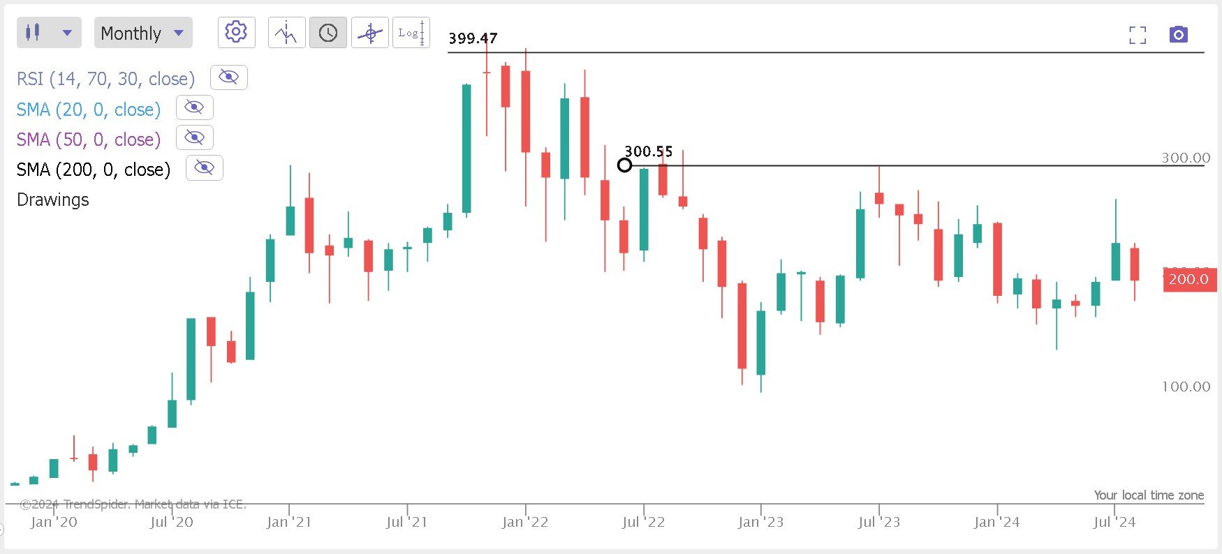 A monthly Tesla (TSLA) stock chart that shows the stock’s price action with resistance levels.