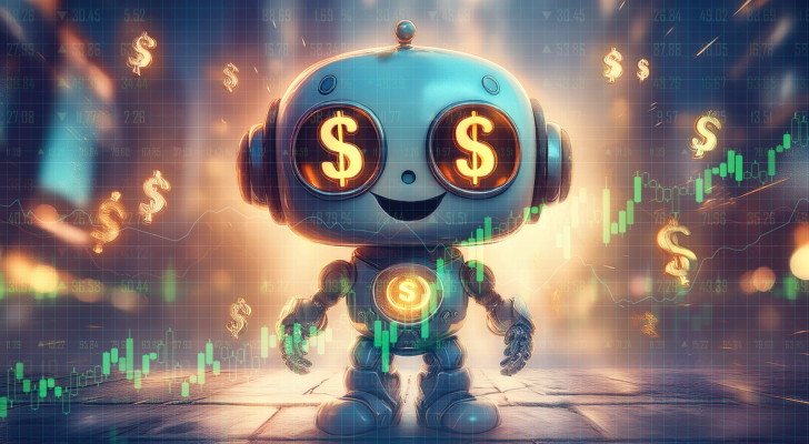 A cute robot with dollar signs in its eyes, a rising graph in the background, to represent the profit potential in AI stocks