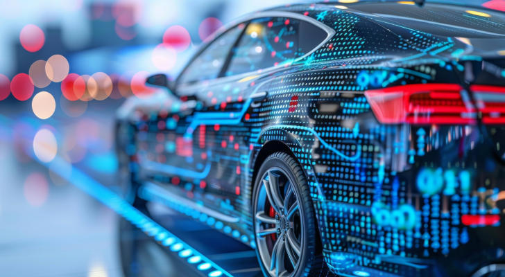 An image of a high-tech car adorned with vibrant digital patterns, symbolizing self-driving technology and AI integration in autonomous vehicles; Tesla Grok