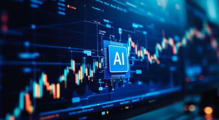 A computer screen with a rising stock graph, an image of an AI chip overlaid to represent AI stocks