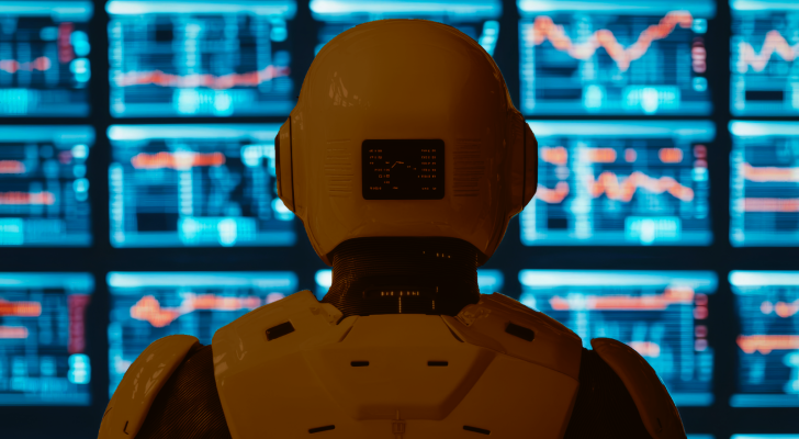 A wall of monitors displaying stock data, charts, etc., with a humanoid robot sitting in front of them, analyzing the information; represents AI trading