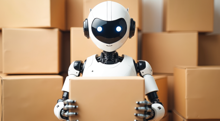 A humanoid robot holding a box, with stacks of boxes in the background, to represent robots in the workforce and the transformation of labor, another industrial revolution