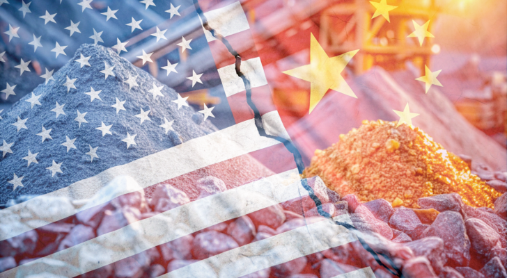 A pile of rare earth metals, rock, and ore overlaid by the U.S. and China flags; rare earth stocks