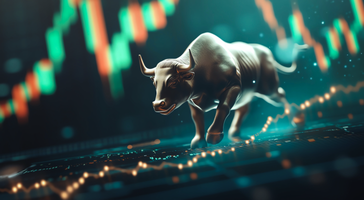 A bull charging across the foreground, with a rising stock graph behind, representing a breakout in AI stocks and a bullish setup, a bullish stock market outlook