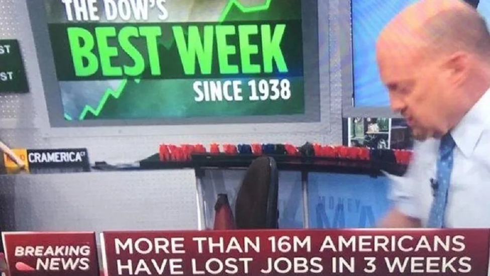 Graphic showing an infamous screenshot taken during the investment TV show Mad Money back in the Covid-19 crisis.
