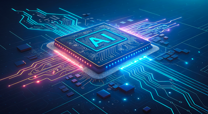 A futuristic AI chip illuminating digital circuits with vibrant blue and red light, representing custom AI chips, XPUs, made by companies like Broadcom; AI investing
