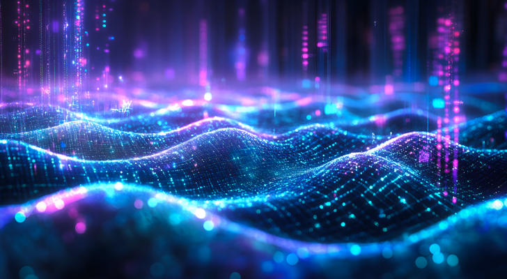 A digital image showing interconnected qubits in a digital landscape, representing quantum computing, quantum computing stocks