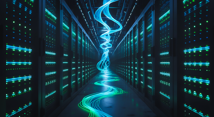 An AI data center, with streams of neon light winding throughout to represent the energy that AI data centers consume; AI data center energy consumption, AI power demand