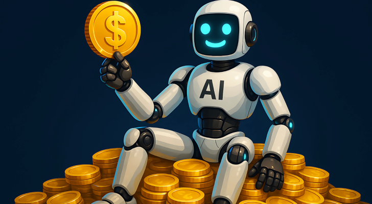 A friendly AI robot sitting on a large pile of golden coins, holding up a single coin, symbolizing AI stocks, hyperscale opportunities, stock profits, agentic AI