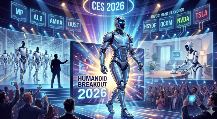An AI-generated image of a humanoid robot walking on a runway at CES 2026, a tech event. A crowd has gathered around to watch and record, other humanoid robots in the background, and a list of related stocks to buy to invest in this trend