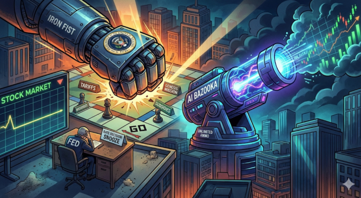 An AI-generated image of a Fed worker sitting at a desk in despair, as an iron first (representing the U.S. government) punches forward and an AI bazooka launches, to show that the government now drives the stock market