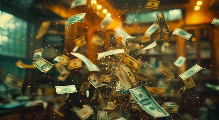 A photo of money falling through the air in a dimly lit room with a blurred background to represent AI capex, AI spending