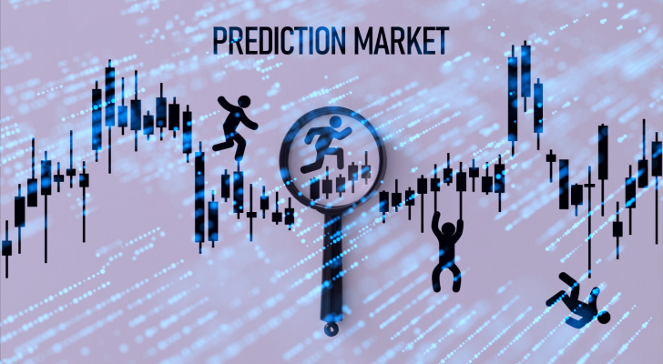 A candlestick graph with stick figures navigating them, the words prediction market above, to represent prediction market signals