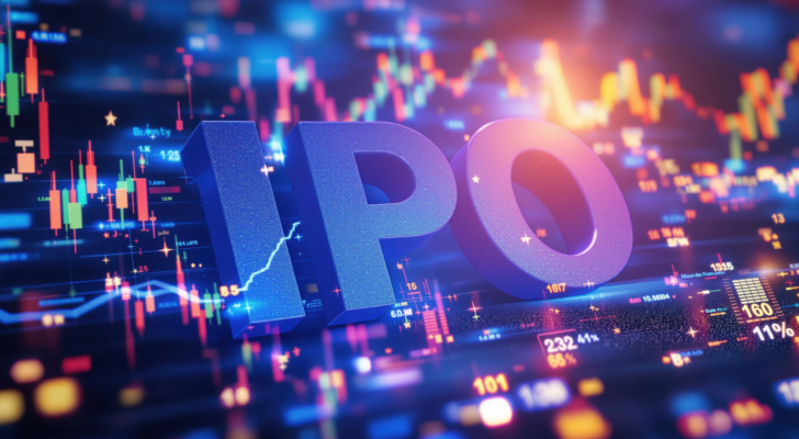 The letters IPO surrounded by financial stats, percentages, candle stick graphs, to represent an IPO, AI IPO