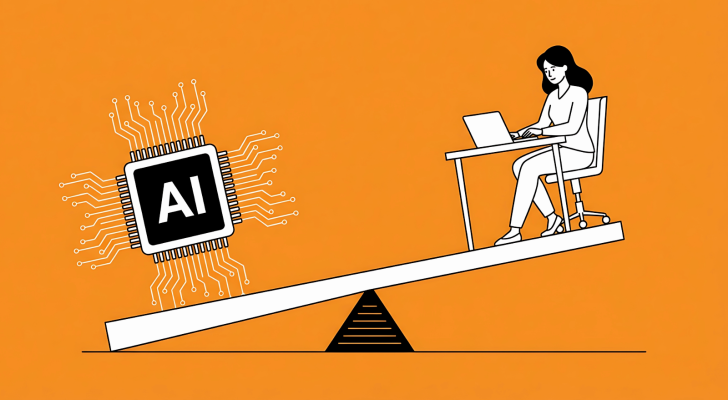 Businesswoman sitting at a desk with laptop, balanced against artificial intelligence processor on a lever; metaphor for digital transformation, workplace evolution in modern industry, AI job displacement, CHAOS Economics