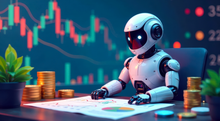 Vector illustration of a stock trading robot sitting on a desk with charts and graphs, surrounded by coins and other financial symbols, finance, market trends; AI trading signals