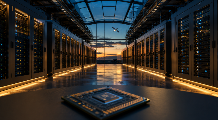A futuristic server corridor with an AI chip in the foreground to represent AI infrastructure stocks