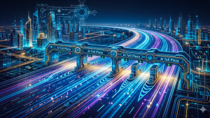 An AI-generated image of a digital toll road with staggered toll booths, representing AI, agentic AI, and AI infrastructure; instead of cars on the road, trails of light and a flow of data