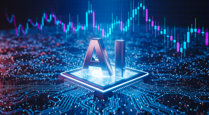 A glowing circuit board and central chip, labeled AI, and stock market charts signaling innovation and growth in AI stocks